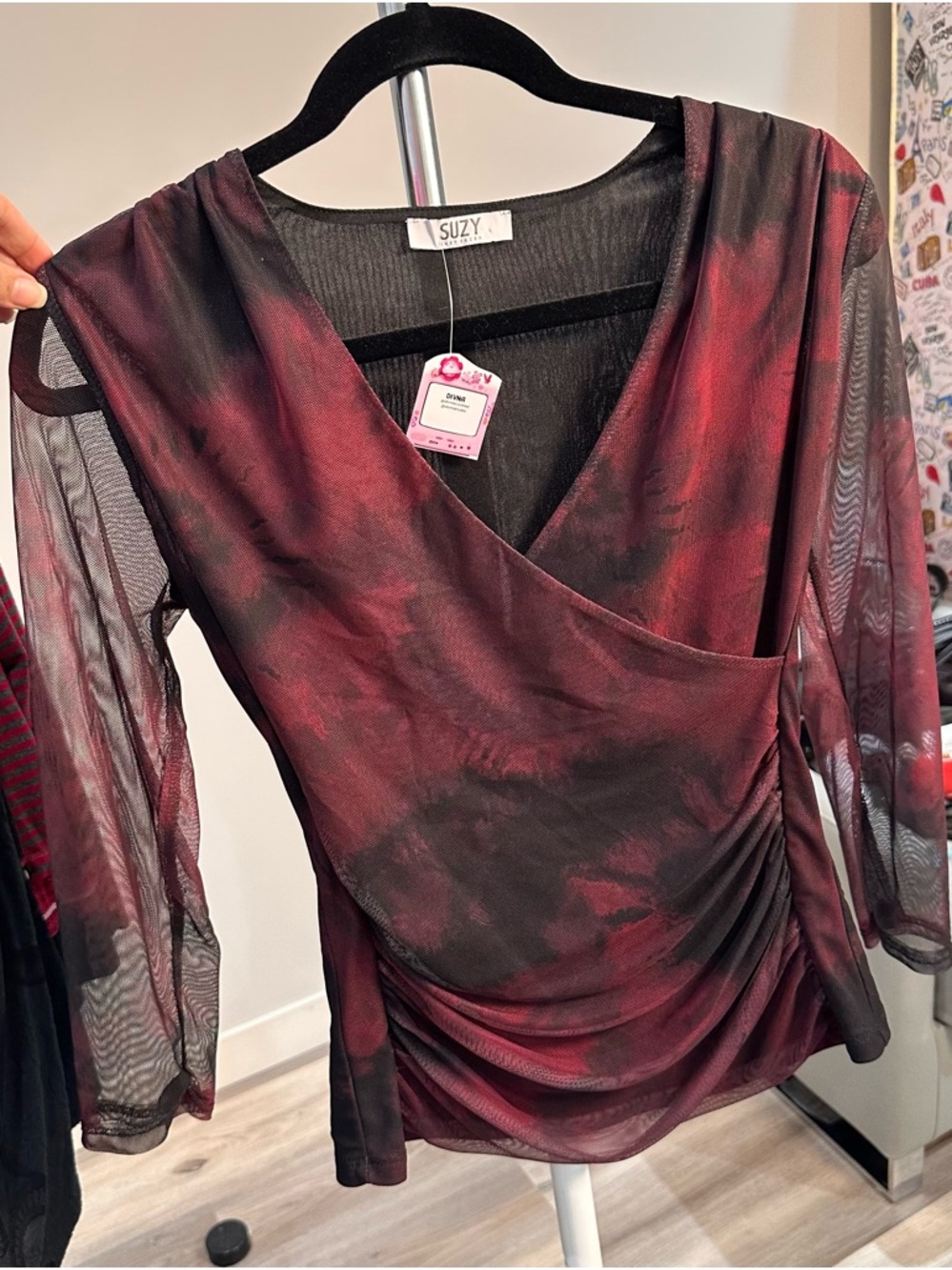 Suzy Shier Burgundy and Black Sheer Ruched Surplice Blouse